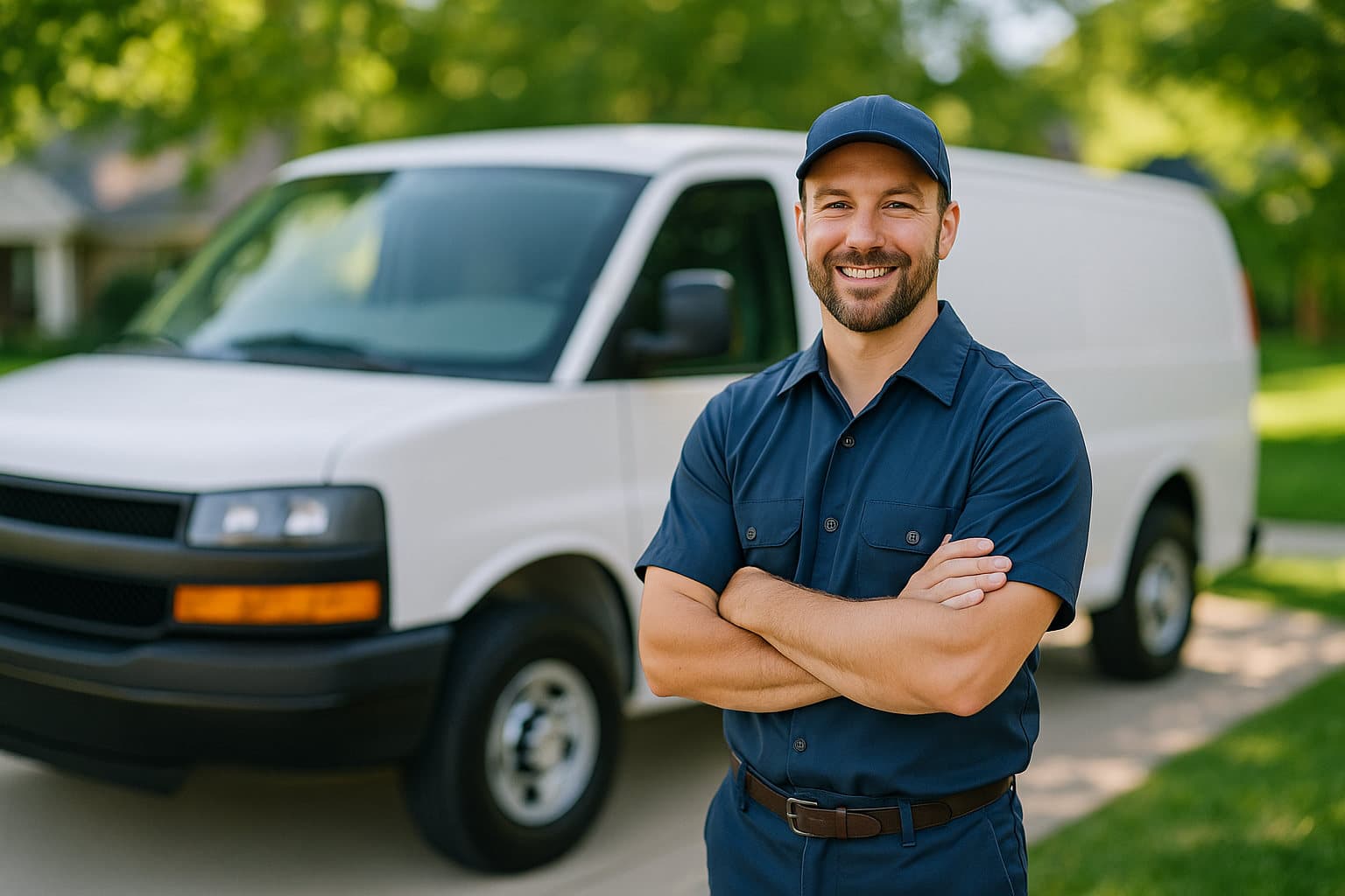 Banda Plumbing professional standing beside a service van in Round Lake, IL